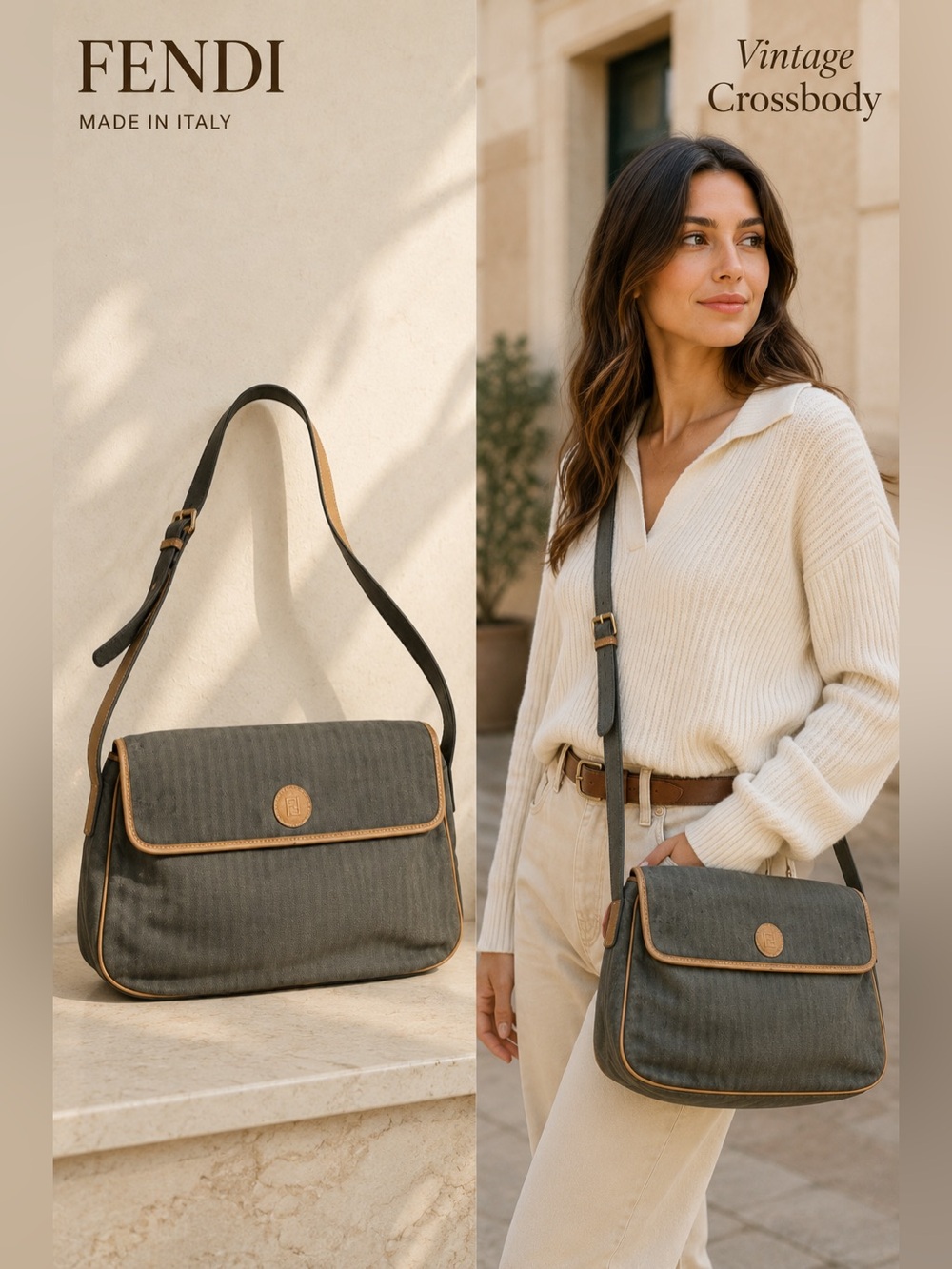 Vintage Fendi Crossbody Bag Black tan  Canvas Leather Trim Italy classic luxury